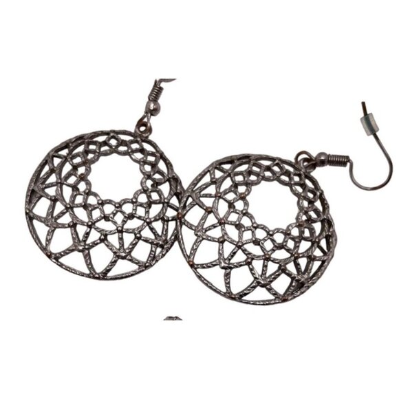 Necklace Pendant & Earrings Women Set Filigree Circle Silver Tone - Picture 13 of 16
